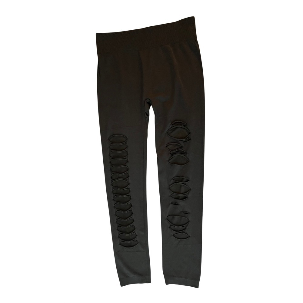 Fashion Nova Black Seamless Distressed Cutout Leggings Size L/XL (1155)